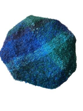 Vintage Thin Textured Handmade Knit Beret in Deep Teal & Royal Blue OS